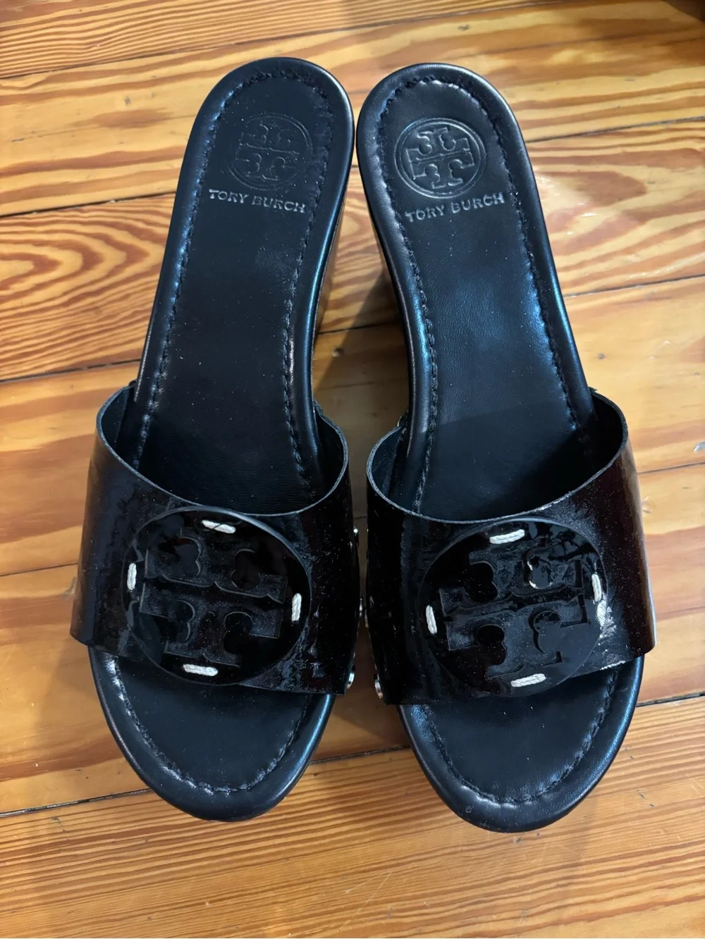 Tory Burch Black Patent Logo Wedge Slides